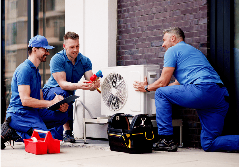 Workers discussing air conditioner setup