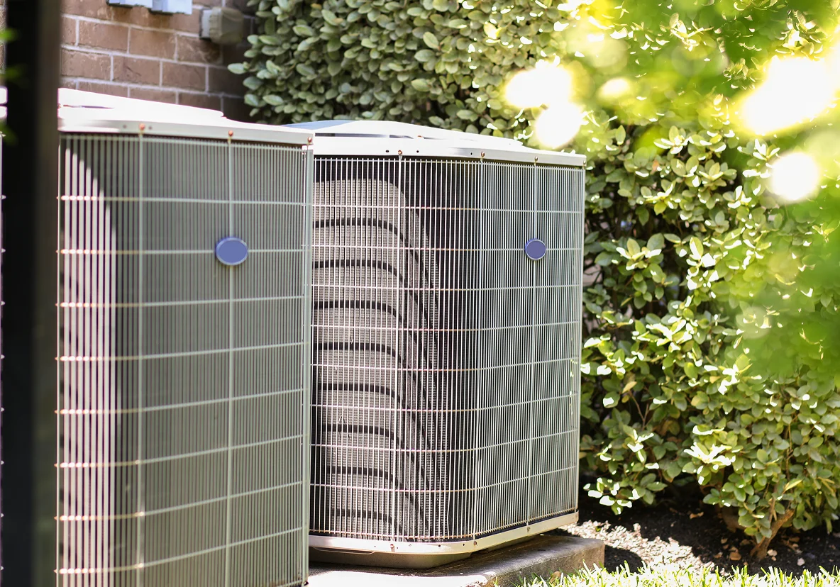Two AC units surrounded by greenery